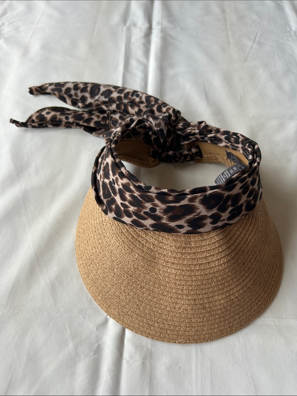 Vince Camuto Tan Straw Visor with Leopard Scarf